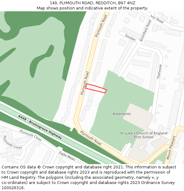 149, PLYMOUTH ROAD, REDDITCH, B97 4NZ: Location map and indicative extent of plot