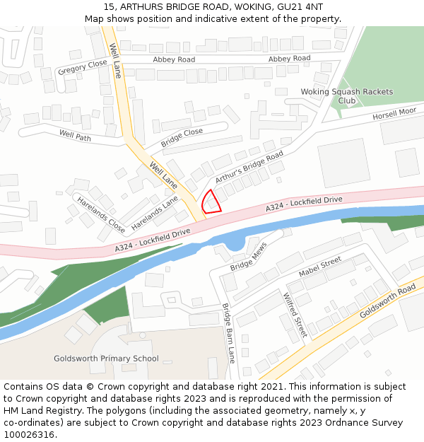 15, ARTHURS BRIDGE ROAD, WOKING, GU21 4NT: Location map and indicative extent of plot