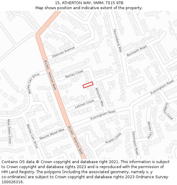 15, ATHERTON WAY, YARM, TS15 9TB: Location map and indicative extent of plot