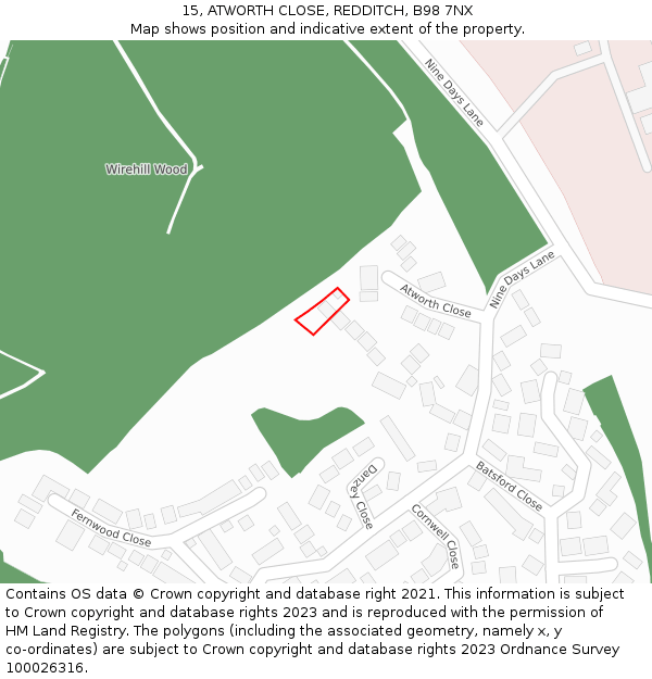 15, ATWORTH CLOSE, REDDITCH, B98 7NX: Location map and indicative extent of plot