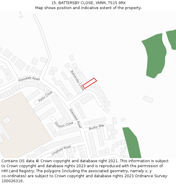 15, BATTERSBY CLOSE, YARM, TS15 9RX: Location map and indicative extent of plot