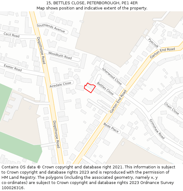 15, BETTLES CLOSE, PETERBOROUGH, PE1 4ER: Location map and indicative extent of plot