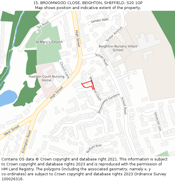 15, BROOMWOOD CLOSE, BEIGHTON, SHEFFIELD, S20 1GP: Location map and indicative extent of plot