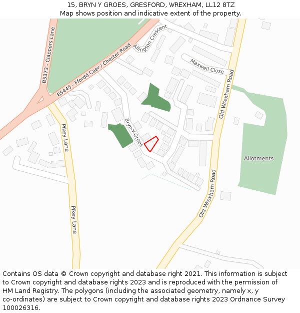 15, BRYN Y GROES, GRESFORD, WREXHAM, LL12 8TZ: Location map and indicative extent of plot