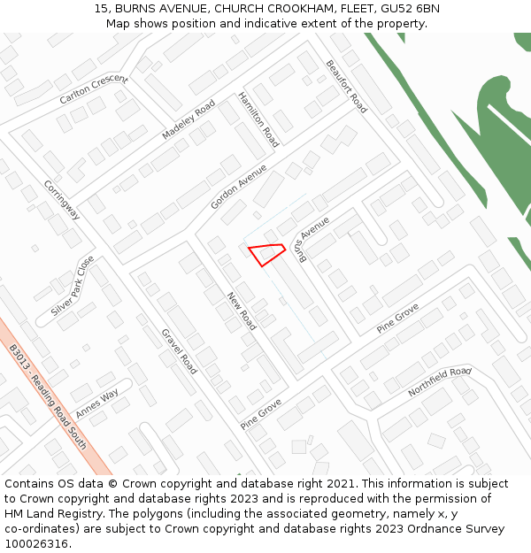 15, BURNS AVENUE, CHURCH CROOKHAM, FLEET, GU52 6BN: Location map and indicative extent of plot