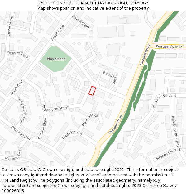 15, BURTON STREET, MARKET HARBOROUGH, LE16 9GY: Location map and indicative extent of plot