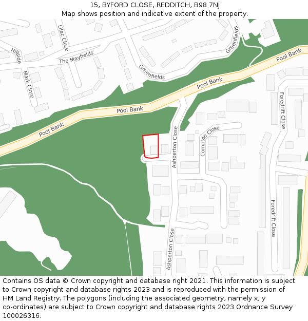 15, BYFORD CLOSE, REDDITCH, B98 7NJ: Location map and indicative extent of plot