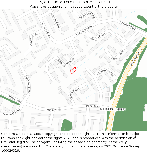 15, CHERINGTON CLOSE, REDDITCH, B98 0BB: Location map and indicative extent of plot