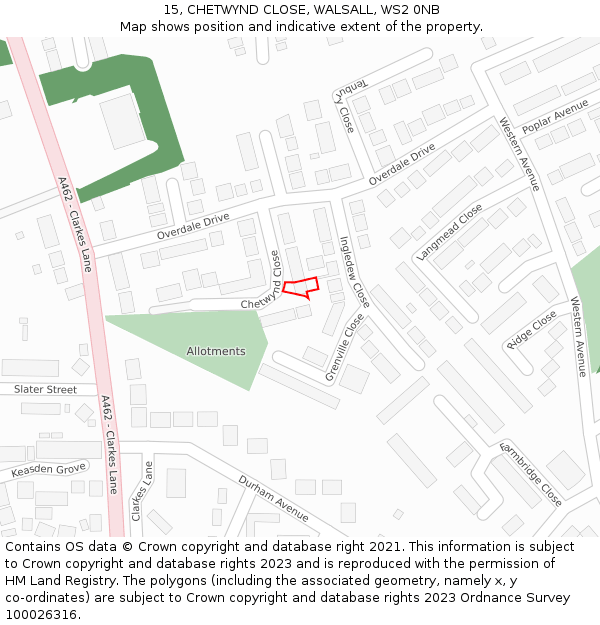 15, CHETWYND CLOSE, WALSALL, WS2 0NB: Location map and indicative extent of plot