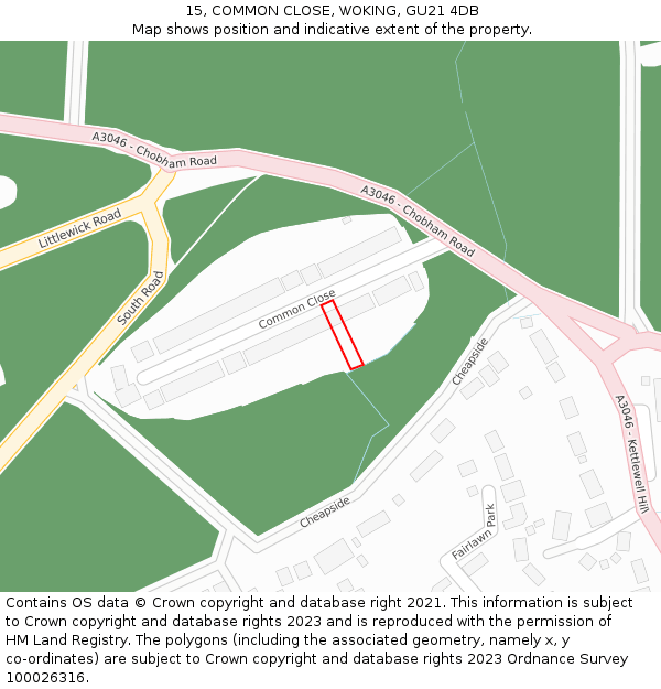 15, COMMON CLOSE, WOKING, GU21 4DB: Location map and indicative extent of plot