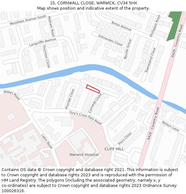 15, CORNWALL CLOSE, WARWICK, CV34 5HX: Location map and indicative extent of plot