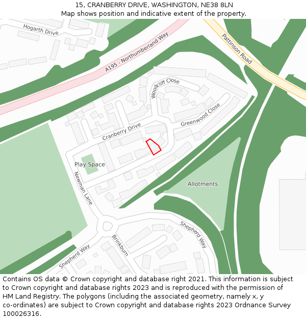 15, CRANBERRY DRIVE, WASHINGTON, NE38 8LN: Location map and indicative extent of plot