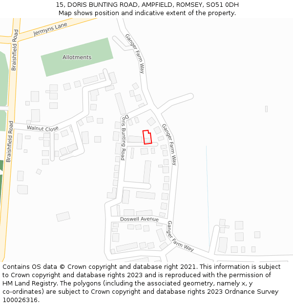 15, DORIS BUNTING ROAD, AMPFIELD, ROMSEY, SO51 0DH: Location map and indicative extent of plot