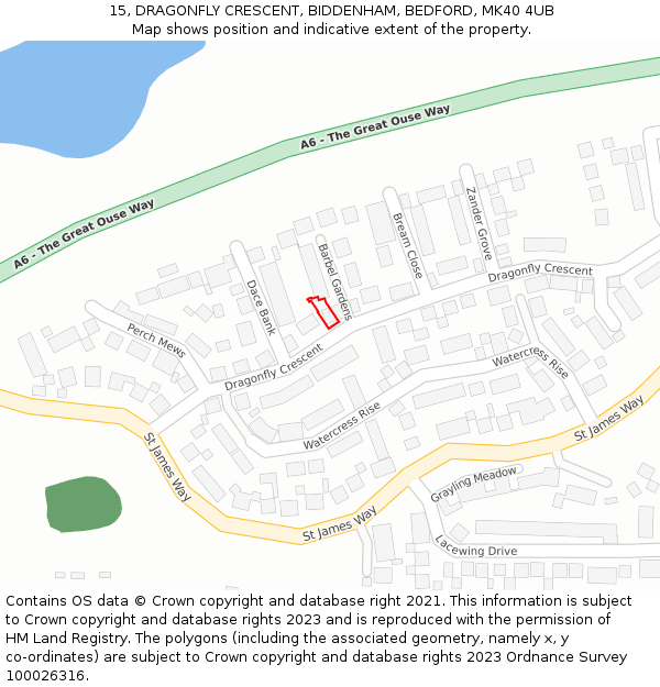 15, DRAGONFLY CRESCENT, BIDDENHAM, BEDFORD, MK40 4UB: Location map and indicative extent of plot