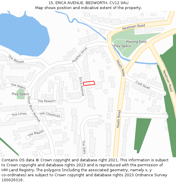 15, ERICA AVENUE, BEDWORTH, CV12 0AU: Location map and indicative extent of plot