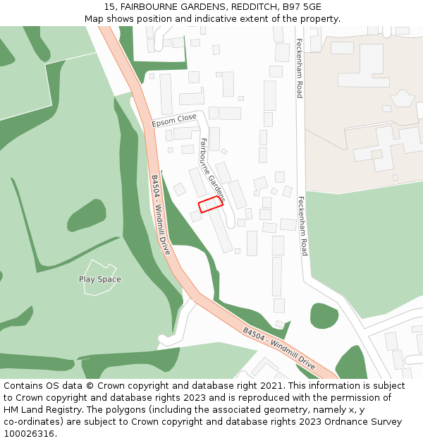 15, FAIRBOURNE GARDENS, REDDITCH, B97 5GE: Location map and indicative extent of plot