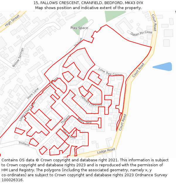 15, FALLOWS CRESCENT, CRANFIELD, BEDFORD, MK43 0YX: Location map and indicative extent of plot