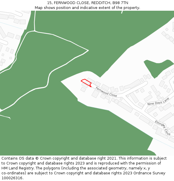 15, FERNWOOD CLOSE, REDDITCH, B98 7TN: Location map and indicative extent of plot