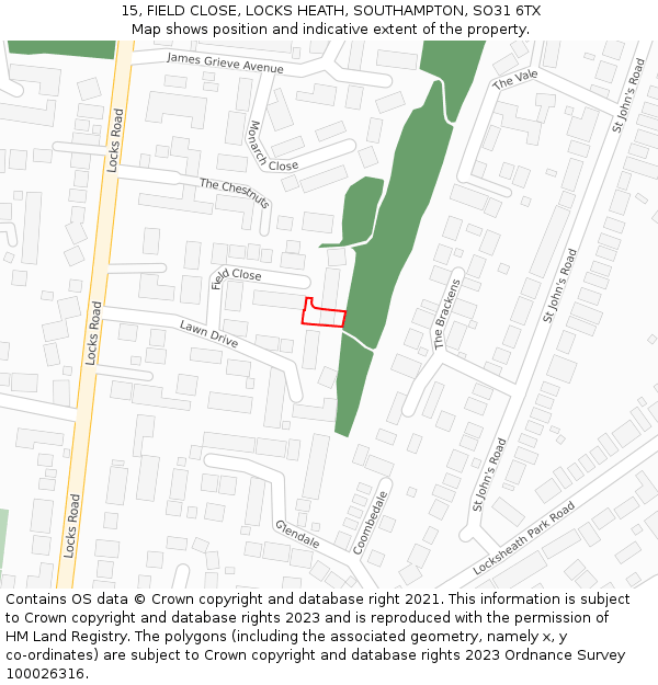 15, FIELD CLOSE, LOCKS HEATH, SOUTHAMPTON, SO31 6TX: Location map and indicative extent of plot