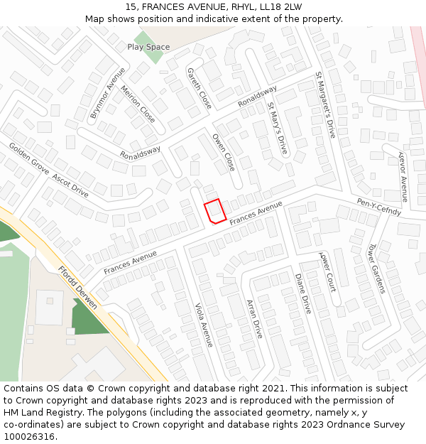 15, FRANCES AVENUE, RHYL, LL18 2LW: Location map and indicative extent of plot