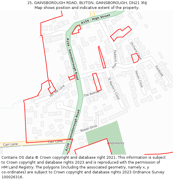 15, GAINSBOROUGH ROAD, BLYTON, GAINSBOROUGH, DN21 3NJ: Location map and indicative extent of plot