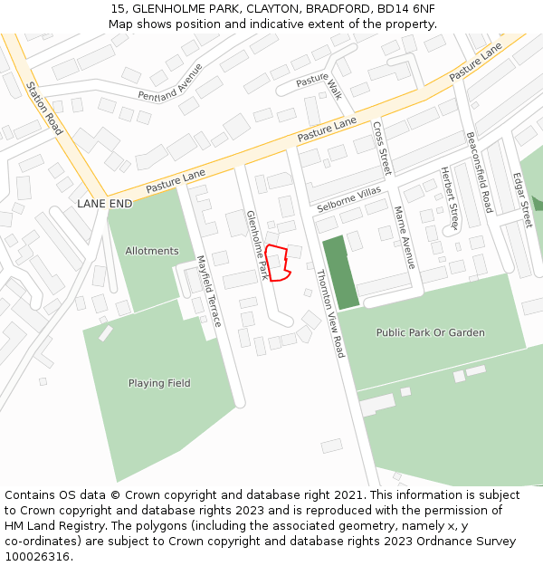 15, GLENHOLME PARK, CLAYTON, BRADFORD, BD14 6NF: Location map and indicative extent of plot