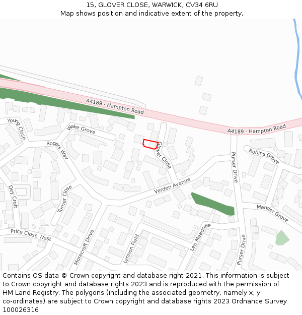 15, GLOVER CLOSE, WARWICK, CV34 6RU: Location map and indicative extent of plot