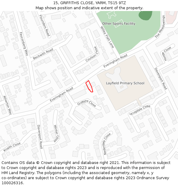 15, GRIFFITHS CLOSE, YARM, TS15 9TZ: Location map and indicative extent of plot