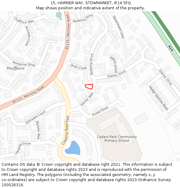 15, HARRIER WAY, STOWMARKET, IP14 5FQ: Location map and indicative extent of plot