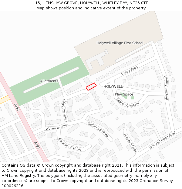 15, HENSHAW GROVE, HOLYWELL, WHITLEY BAY, NE25 0TT: Location map and indicative extent of plot