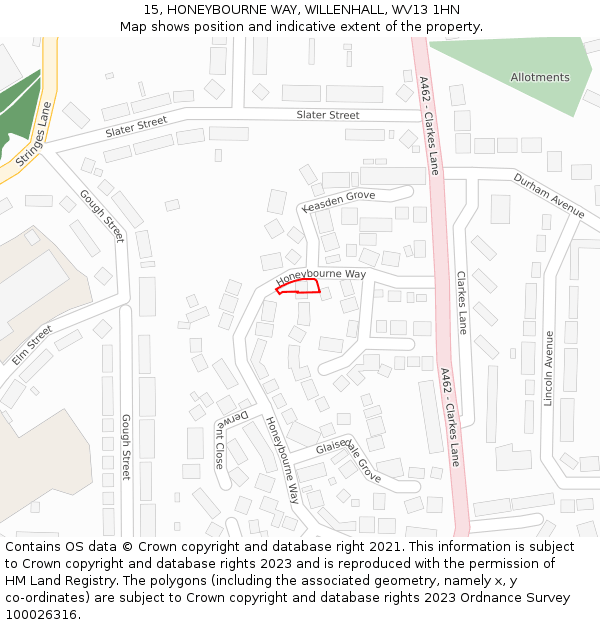 15, HONEYBOURNE WAY, WILLENHALL, WV13 1HN: Location map and indicative extent of plot