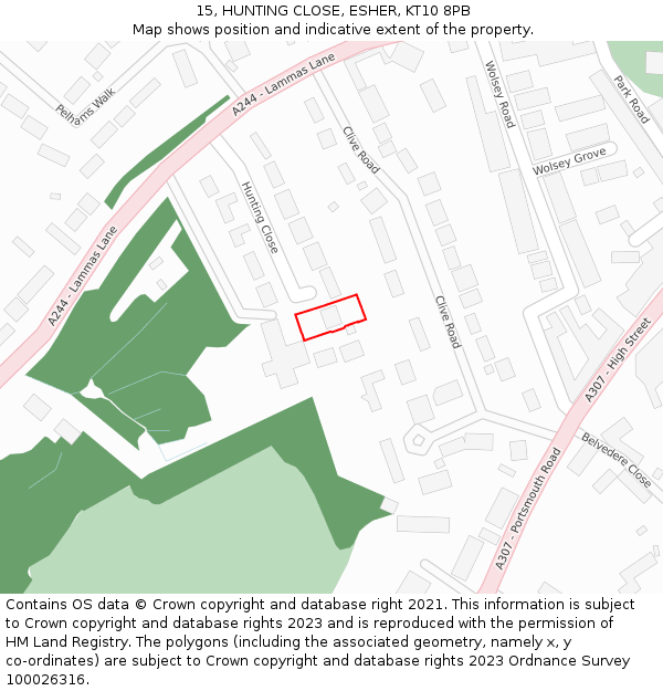 15, HUNTING CLOSE, ESHER, KT10 8PB: Location map and indicative extent of plot