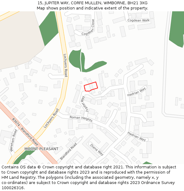 15, JUPITER WAY, CORFE MULLEN, WIMBORNE, BH21 3XG: Location map and indicative extent of plot