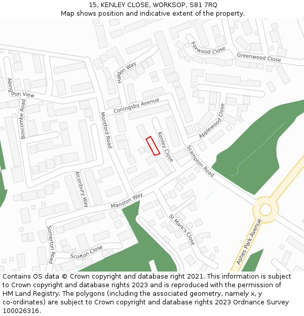 15, KENLEY CLOSE, WORKSOP, S81 7RQ: Location map and indicative extent of plot