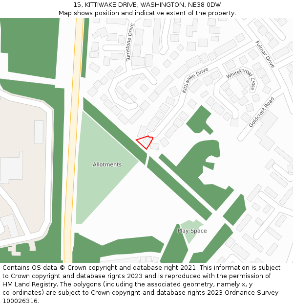 15, KITTIWAKE DRIVE, WASHINGTON, NE38 0DW: Location map and indicative extent of plot