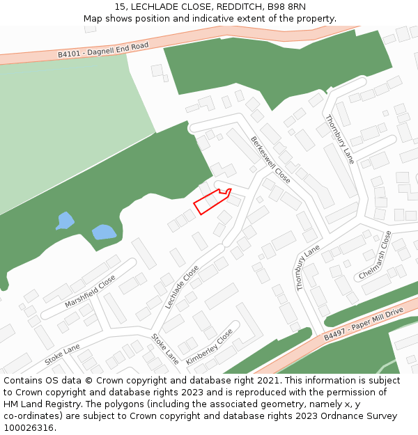 15, LECHLADE CLOSE, REDDITCH, B98 8RN: Location map and indicative extent of plot