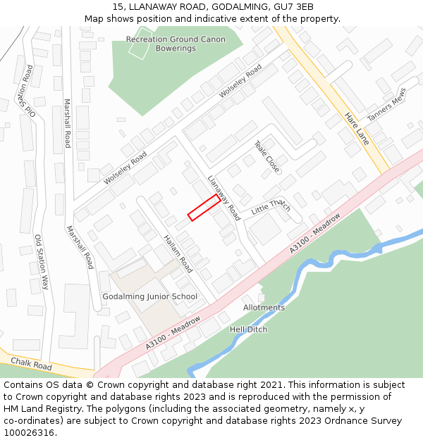 15, LLANAWAY ROAD, GODALMING, GU7 3EB: Location map and indicative extent of plot