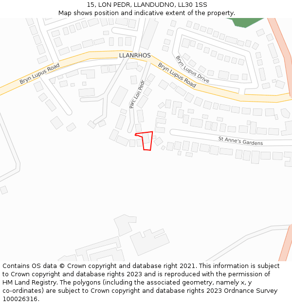 15, LON PEDR, LLANDUDNO, LL30 1SS: Location map and indicative extent of plot