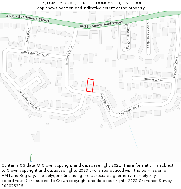 15, LUMLEY DRIVE, TICKHILL, DONCASTER, DN11 9QE: Location map and indicative extent of plot