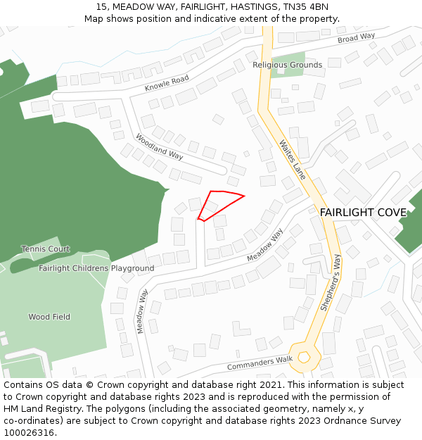 15, MEADOW WAY, FAIRLIGHT, HASTINGS, TN35 4BN: Location map and indicative extent of plot