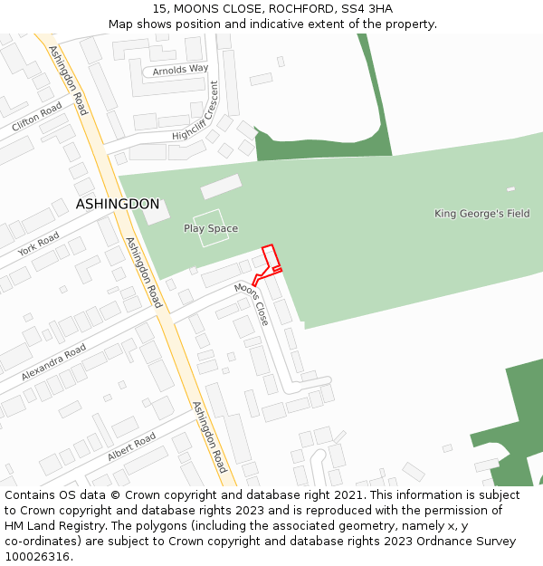 15, MOONS CLOSE, ROCHFORD, SS4 3HA: Location map and indicative extent of plot