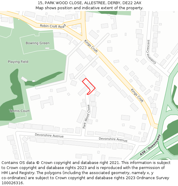 15, PARK WOOD CLOSE, ALLESTREE, DERBY, DE22 2AX: Location map and indicative extent of plot