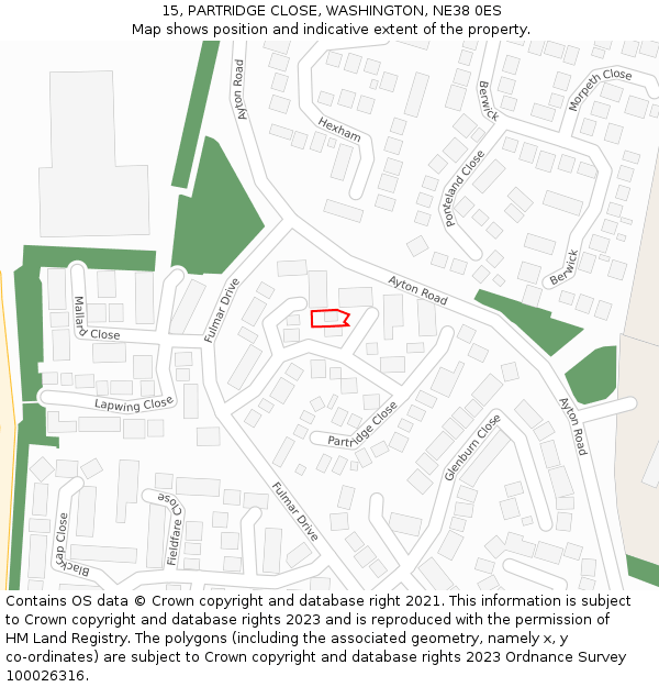 15, PARTRIDGE CLOSE, WASHINGTON, NE38 0ES: Location map and indicative extent of plot