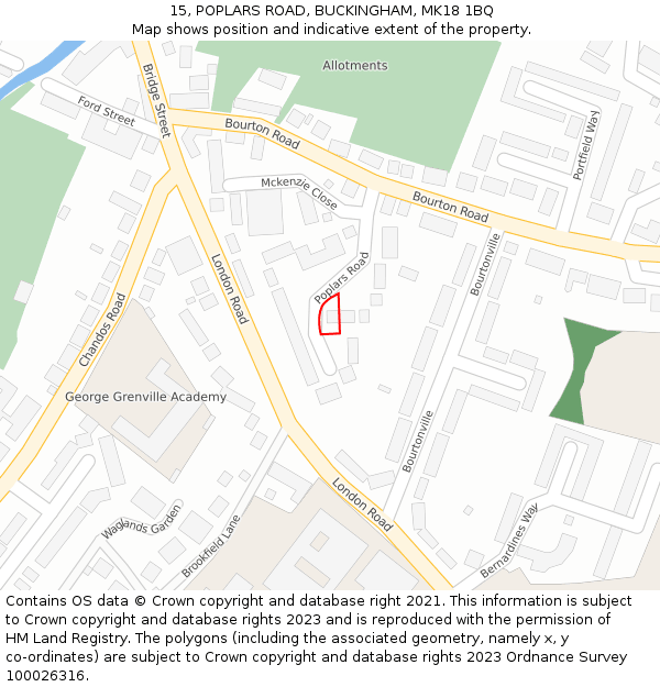 15, POPLARS ROAD, BUCKINGHAM, MK18 1BQ: Location map and indicative extent of plot