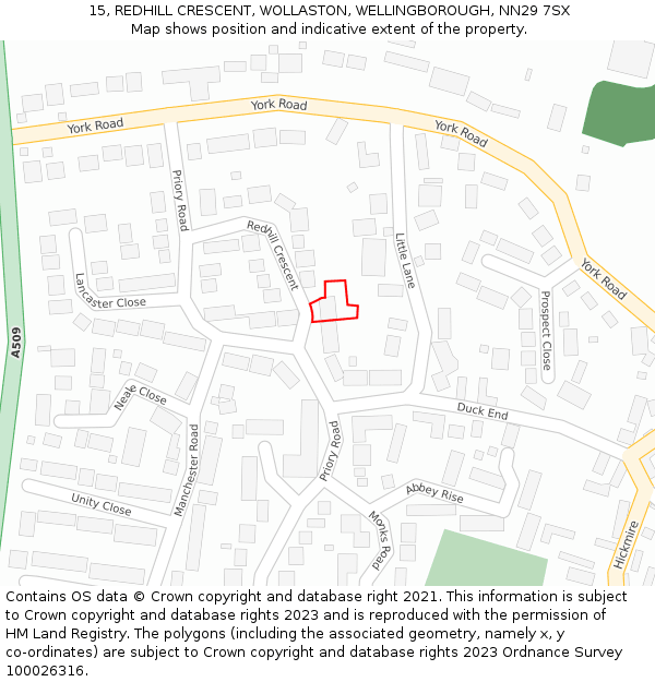 15, REDHILL CRESCENT, WOLLASTON, WELLINGBOROUGH, NN29 7SX: Location map and indicative extent of plot