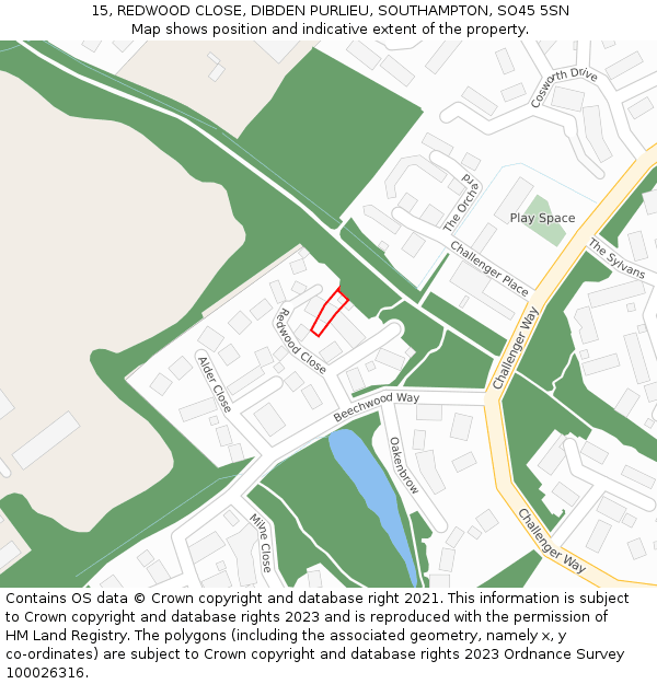 15, REDWOOD CLOSE, DIBDEN PURLIEU, SOUTHAMPTON, SO45 5SN: Location map and indicative extent of plot