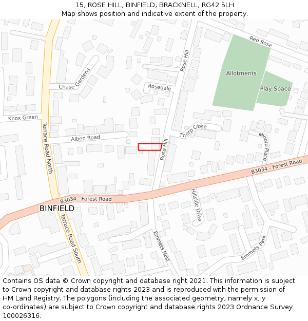 15, ROSE HILL, BINFIELD, BRACKNELL, RG42 5LH: Location map and indicative extent of plot