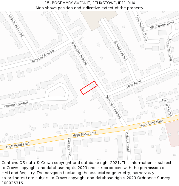 15, ROSEMARY AVENUE, FELIXSTOWE, IP11 9HX: Location map and indicative extent of plot