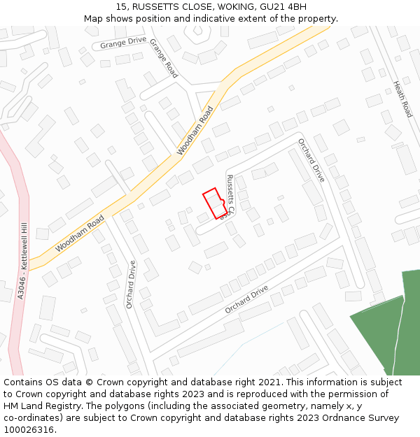 15, RUSSETTS CLOSE, WOKING, GU21 4BH: Location map and indicative extent of plot