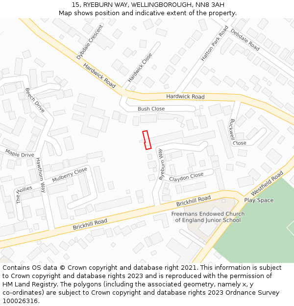 15, RYEBURN WAY, WELLINGBOROUGH, NN8 3AH: Location map and indicative extent of plot